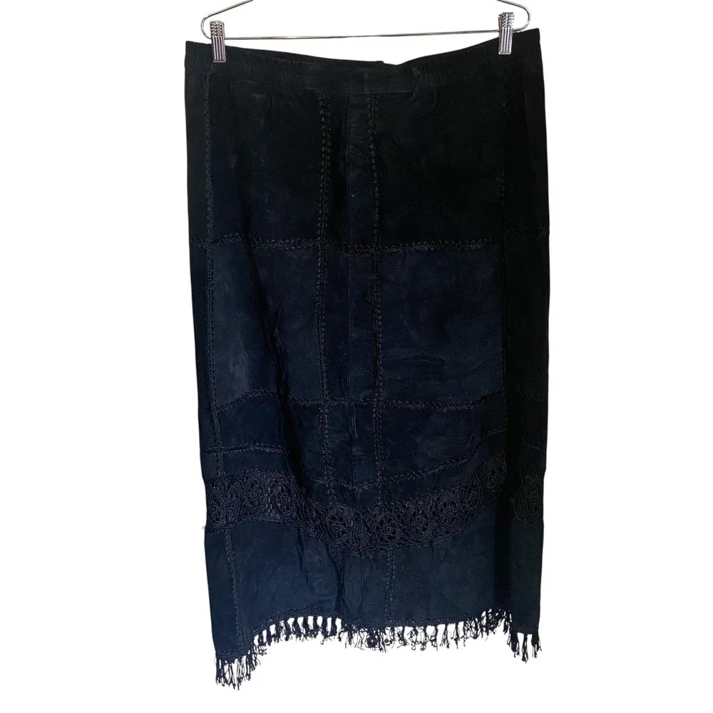CBO New York Black‎ Leather Patchwork Maxi Skirt Crochet Fringe Hem Plus Size